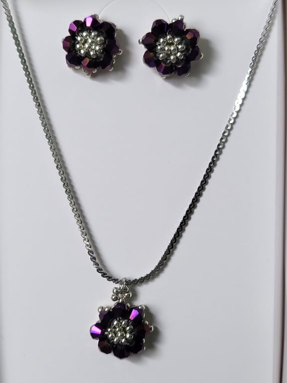 Purple Shine Crystal Flower Necklace and Stud Earrings Handmade Jewellery Set