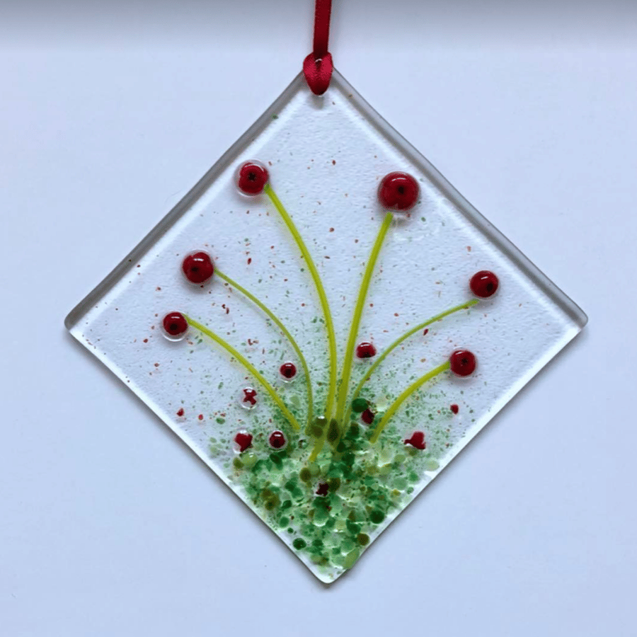 Fused glass suncatcher hanging decoration, red flowers