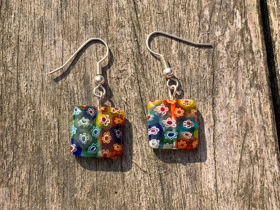 Rainbow flower glass dangle earrings