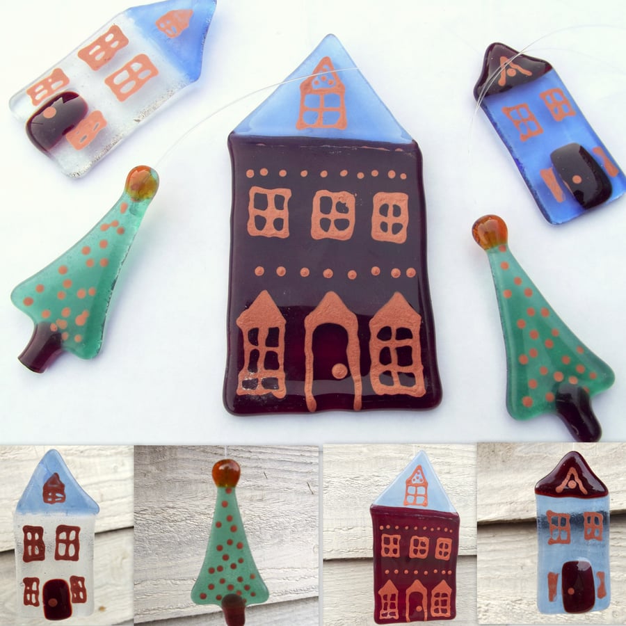 Christmas Village, Set of 5 fused glass Christmas Decorations 