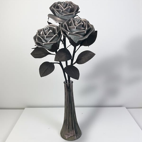 Gunmetal Grey Leather Roses with vase - Gothic Home Décor, Alternative Gift.