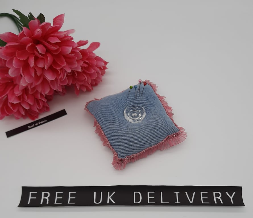 Pin cushion in blue upcycled denim with pink ruffled trim. Free uk delivery. 