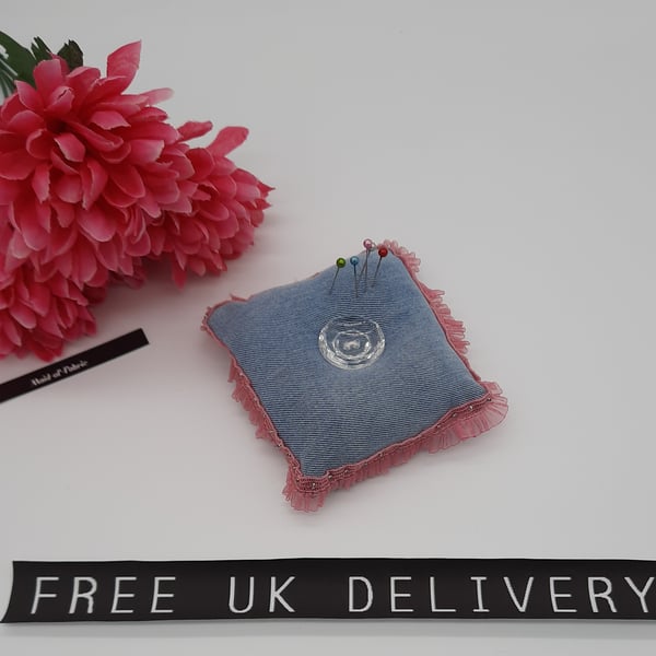 Pin cushion in blue upcycled denim with pink ruffled trim. Free uk delivery. 