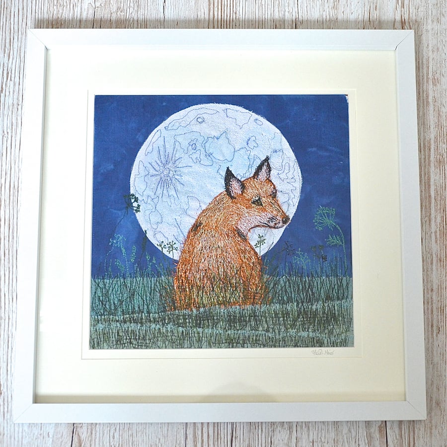 Fox and Moon textile free motion embroidery embroidered fabric animal picture