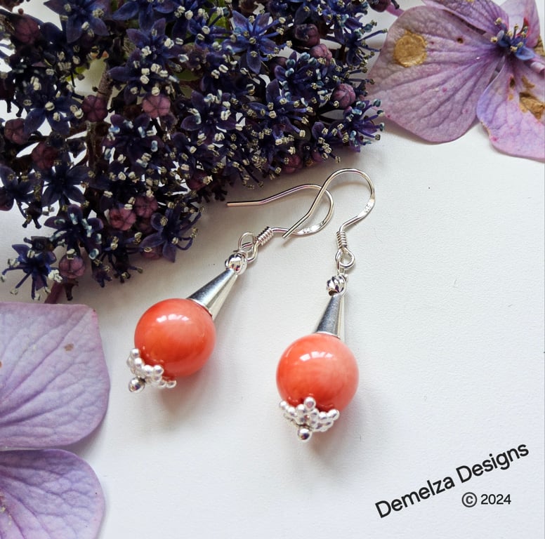 Designer Peach Bamboo Coral Hand Made Sterling Silver Earrings
