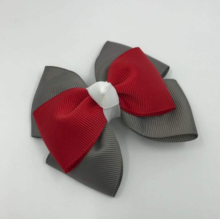 School Red, Grey and White Top Knot Bow on Clip