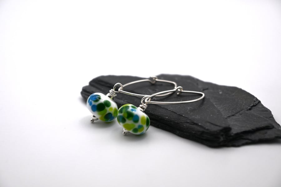 lampwork glass green and blue earrings