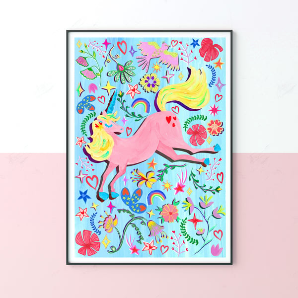 Pink and Blue Unicorn Nursery Print
