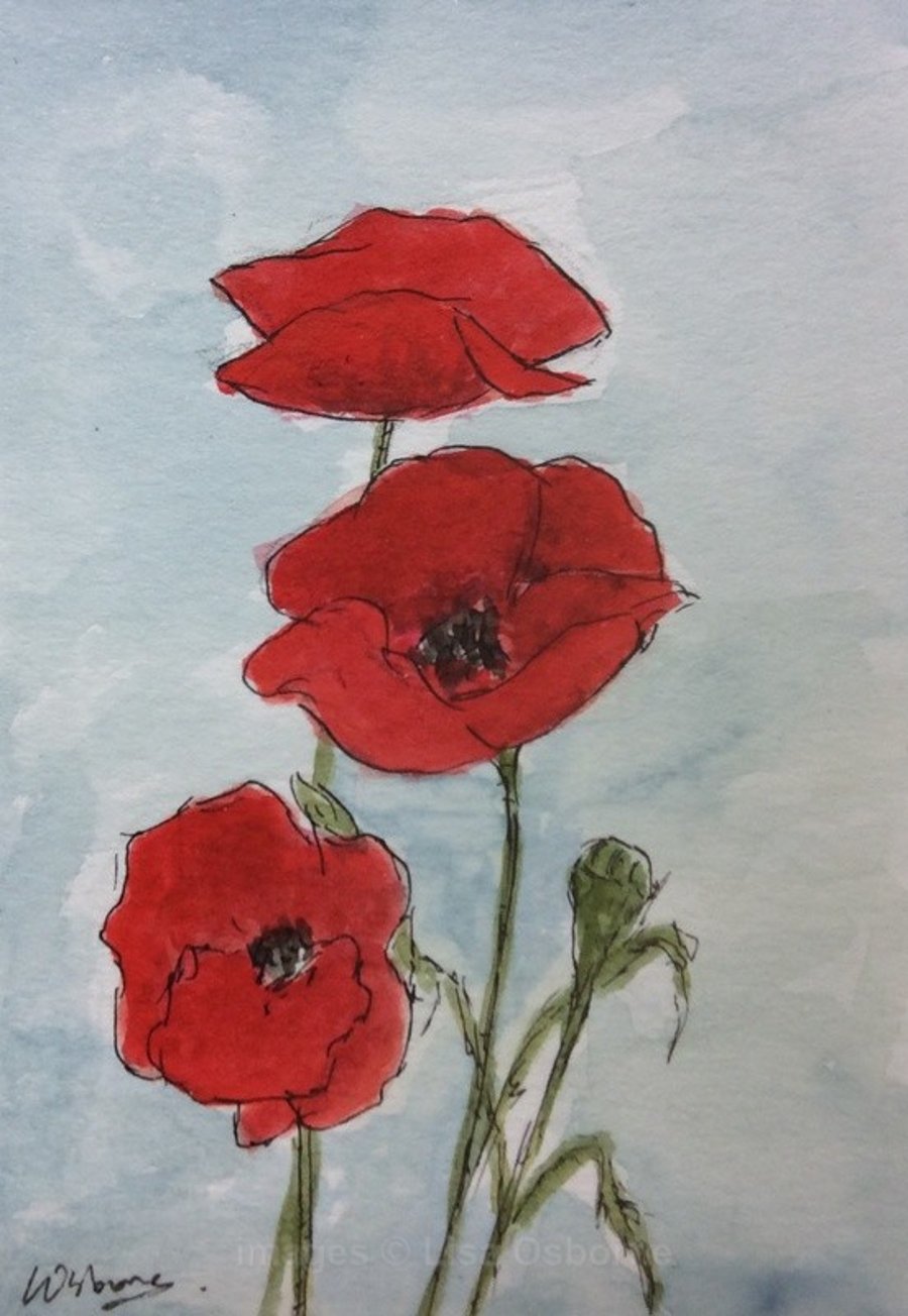 Poppies. Original watercolour, pen and ink. Minature ACEO. Flowers