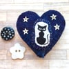 Cute Midnight Blue Gothic Kitty Brooch. Heart Brooch. Cat Pin. Felt Brooch