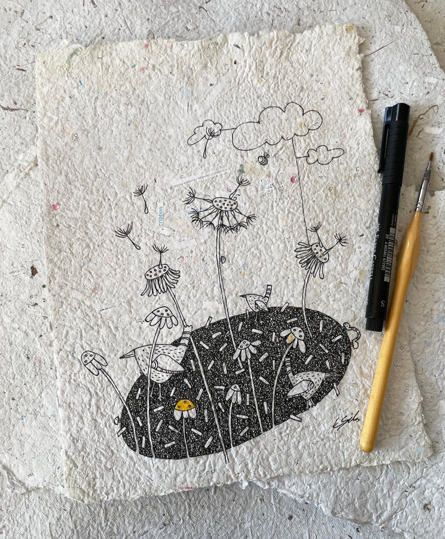 Make a wish - Original illustration on handmade paper, wren illustration