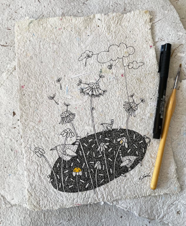 Make a wish - Original illustration on handmade paper, wren illustration