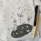 Make a wish - Original illustration on handmade paper, wren illustration