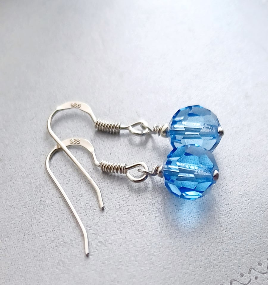 Blue Crystal Pierced Earrings with Preciosa 8mm Faceted Beads, 925 Silver