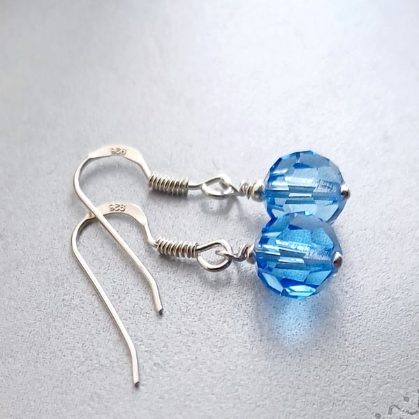 Blue Crystal Pierced Earrings with Preciosa 8mm Faceted Beads, 925 Silver