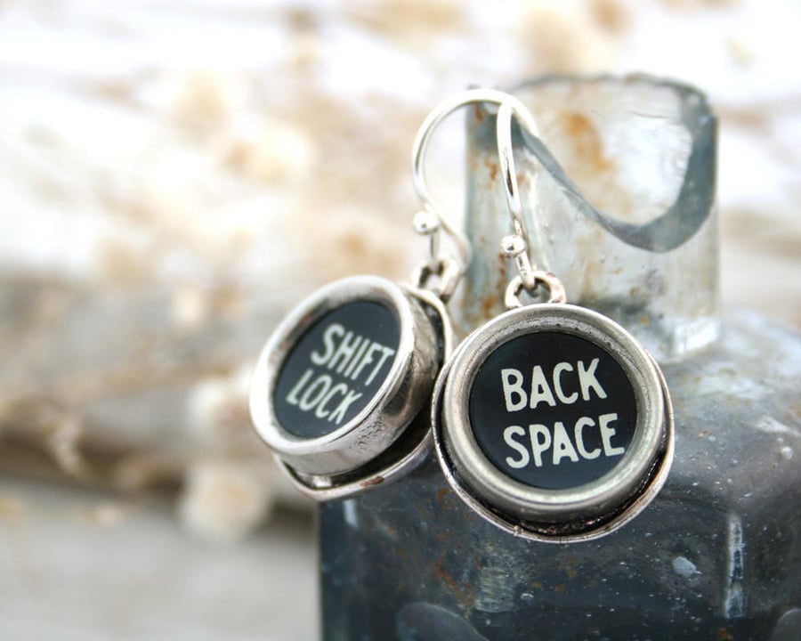 Typewriter key Earrings Quirky Earrings Back Space Shift Lock Black Earrings Old