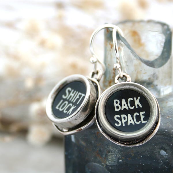 Typewriter key Earrings Quirky Earrings Back Space Shift Lock Black Earrings Old
