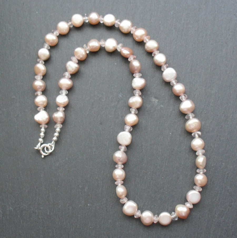 Freshwater Cultured Pearl and Rose Quartz Sterling Silver Necklace