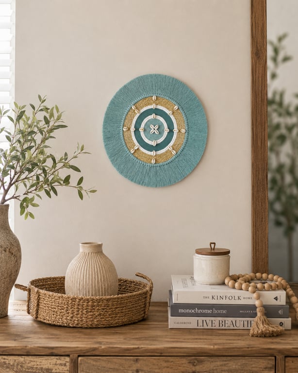 "Eluhlaza 6" Green, Sisal & Shell Macrame Wall, Shelf & Console Table Decor