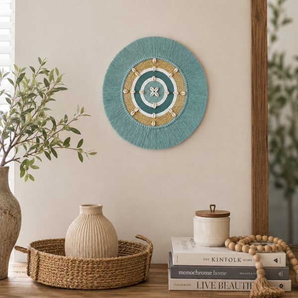 "Eluhlaza 6" Mint Green, Sisal & Shell Macrame Wall, Shelf & Console Table Decor