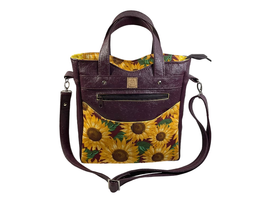 Handbag made in faux leather and Sunflower cotton floral print, ladies gift, 