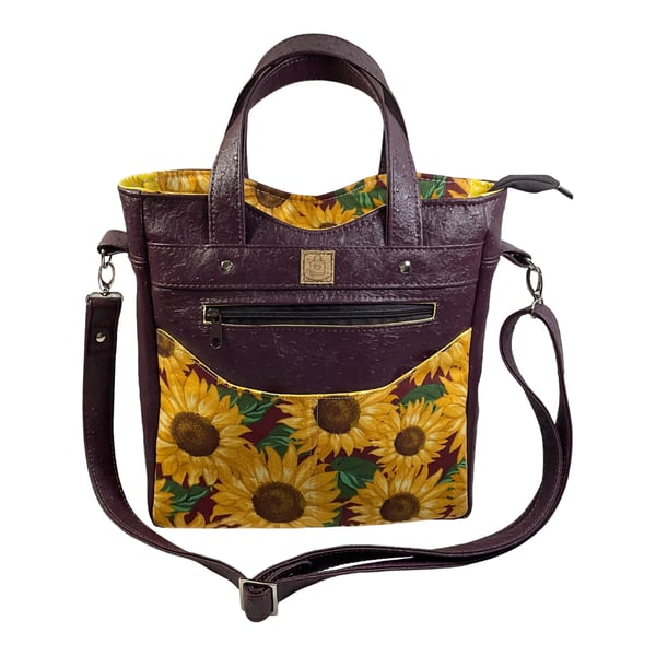 Handbag made in faux leather and Sunflower cotton floral print, ladies gift, 