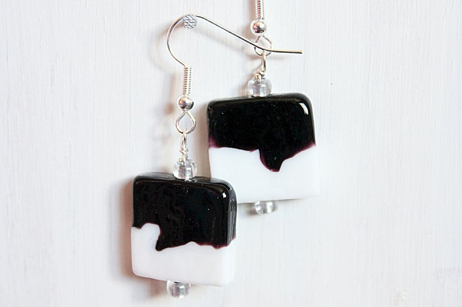 Black and white square lampwork bead dangle earrings, Friesian cow earrings
