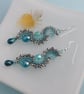 Aqua Blue Beaded Ocean Wave Statement Earrings - Image 4