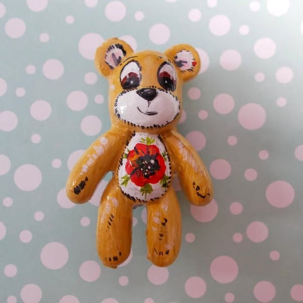 TEDDY BEAR BROOCH Poppy Floral Pin Animal Wedding Corsage Pin HAND PAINTED