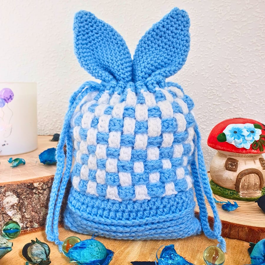 Bunny ears gift pouch in Blue, crochet drawstring treat bag, gift bag