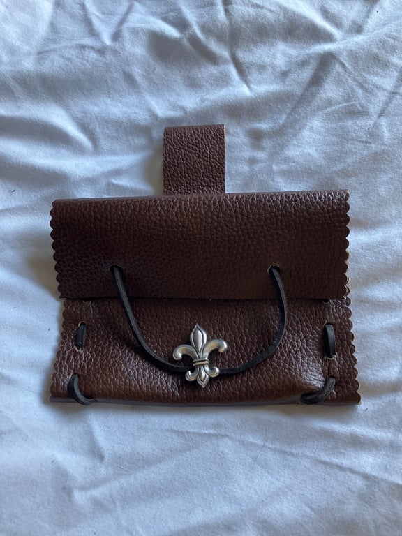 Small Pouch- Brown Leather Medieval Style - Fleur de Lis Style Closure FREE SHIP