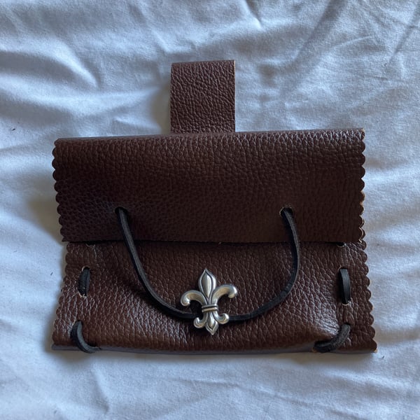 Small Pouch- Brown Leather Medieval Style - Fleur de Lis Style Closure FREE SHIP