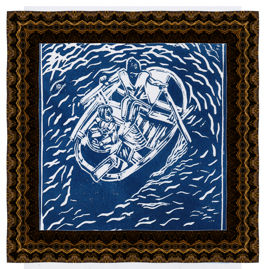 Handcrafted Lino Print of a lady rowing with her child and food for tourists.