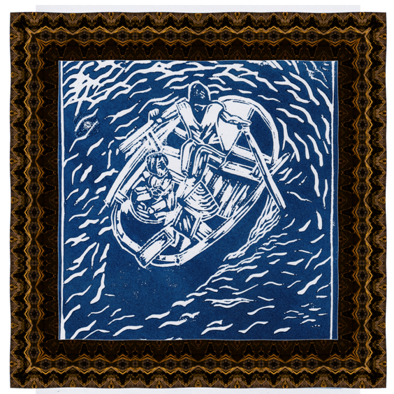 Handcrafted Lino Print of a lady rowing with her child and food for tourists.