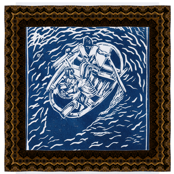 Handcrafted Lino Print of a lady rowing with her child and food for tourists.