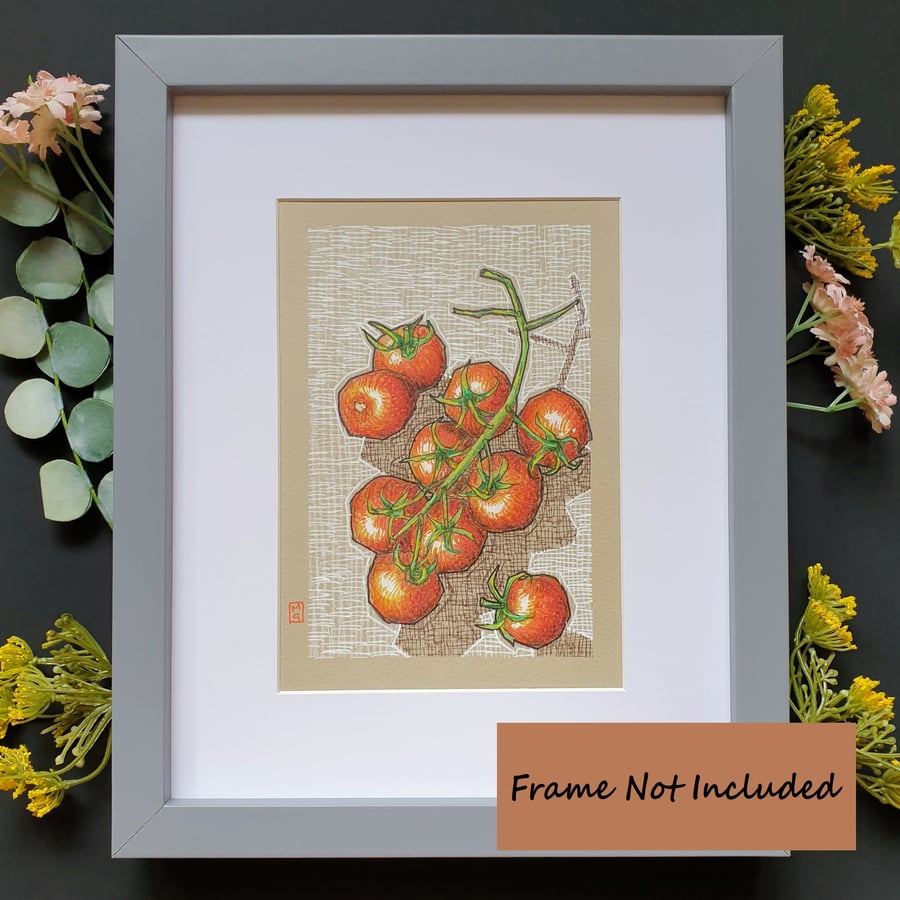 Cherry Tomatoes original drawing, Food artwork, kitchen wall art
