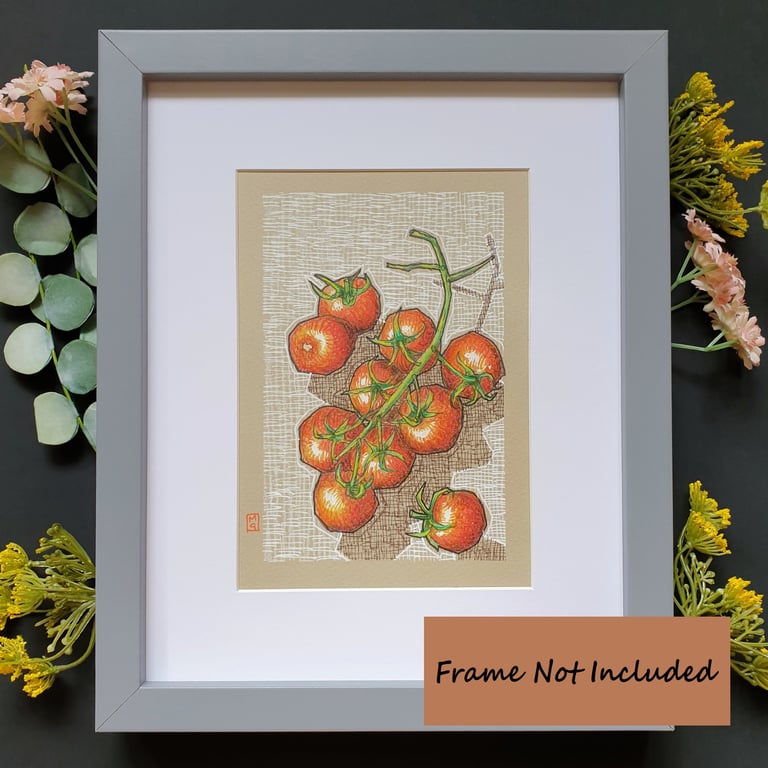 Cherry Tomatoes original drawing, Food artwork, kitchen wall art