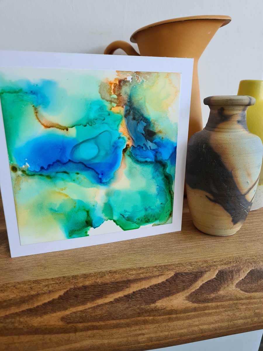 Original alcohol ink abstract art green blue greetings card handpainted card