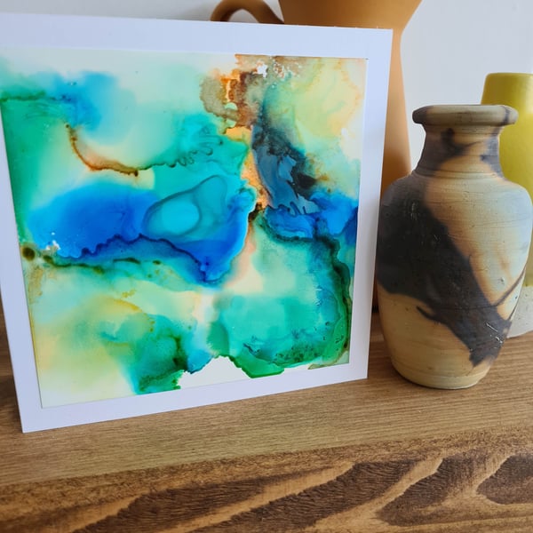 Original alcohol ink abstract art green blue greetings card handpainted card
