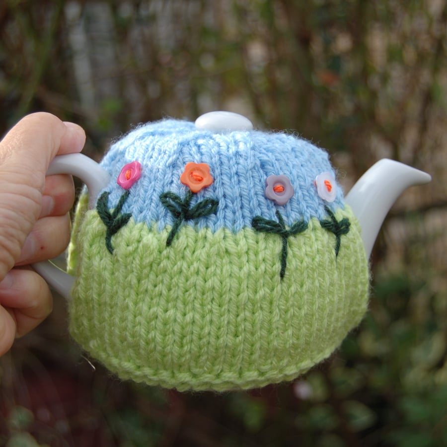 Tea cosy - to fit a small  teapot, knitted tea cosy - flower border