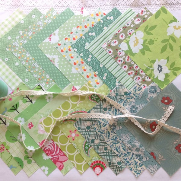 Gorgeous Greens, twenty charms squares for patchwork.