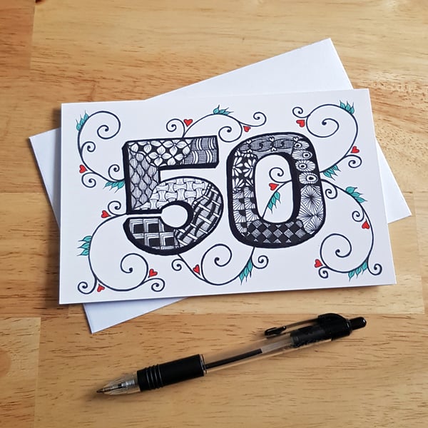 50th Birthday Card - Black And White Doodle Art With Hearts