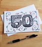 50th Birthday Card - Black And White Doodle Art With Hearts
