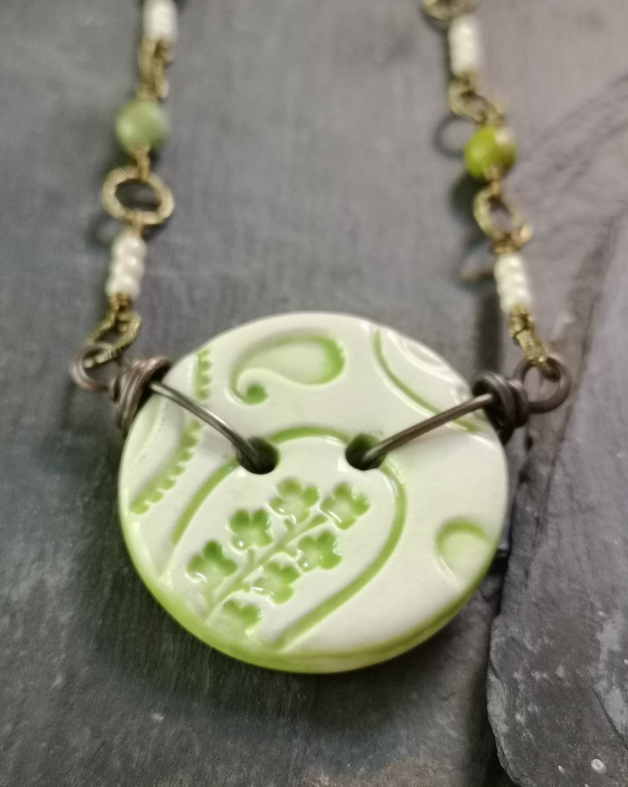 SALE Ceramic button necklace with glass beads and antique gold chain