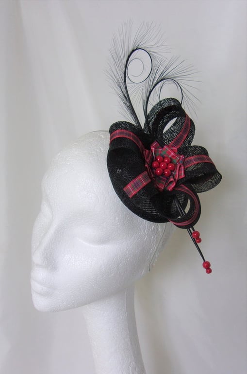 Black Sinamay Feather & Red Tartan Scottish Fascinator Mini Hat - Made to Order