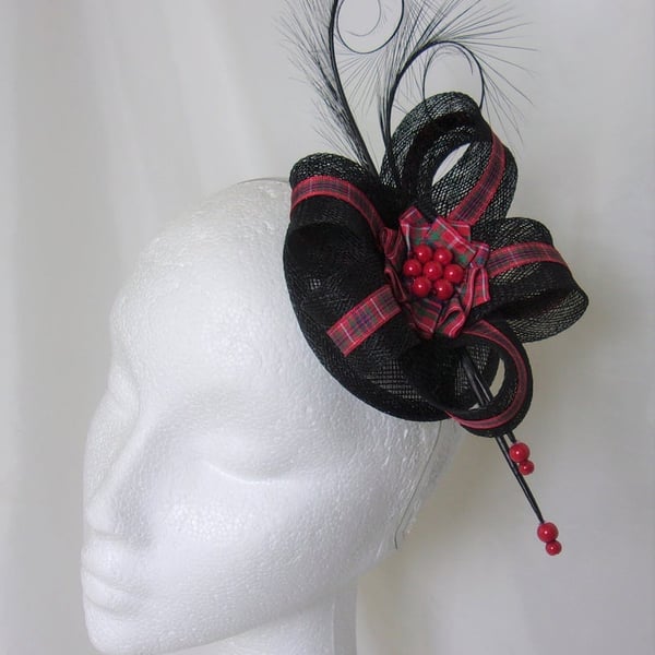 Black Sinamay Feather & Red Tartan Scottish Fascinator Mini Hat - Made to Order