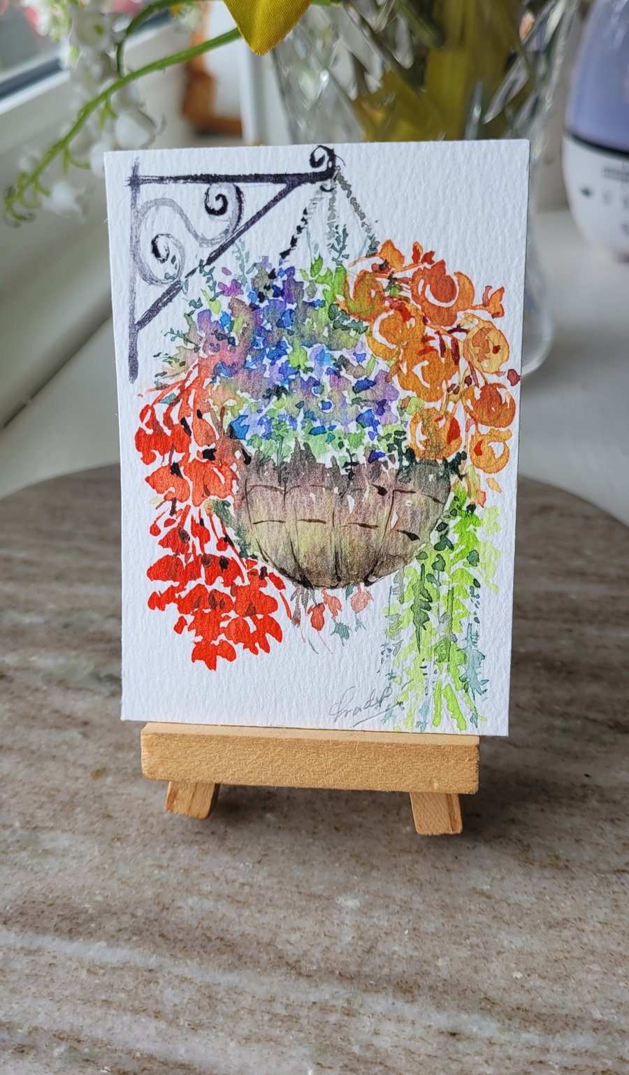 original watercolour ACEO, mini artwork, summer flowers in basket