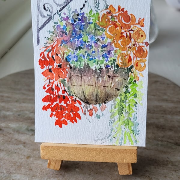 original watercolour ACEO, mini artwork, summer flowers in basket