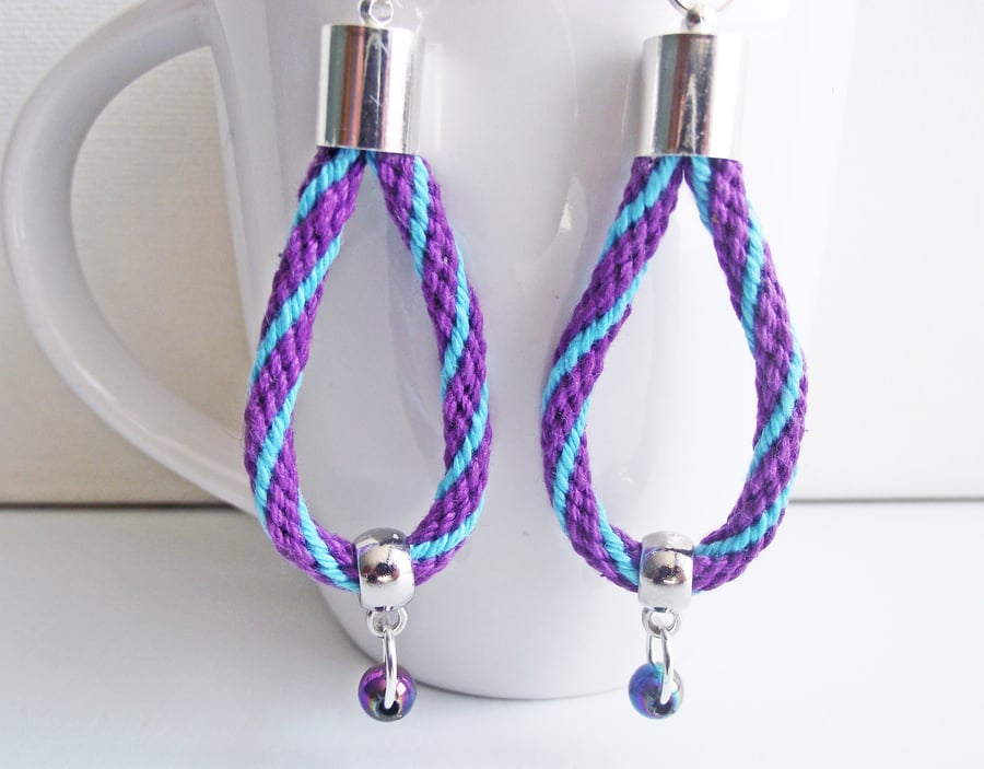 Kumihimo and Bead Drop or Dangle Earrings, Handmade from Blue and Purple Cotton