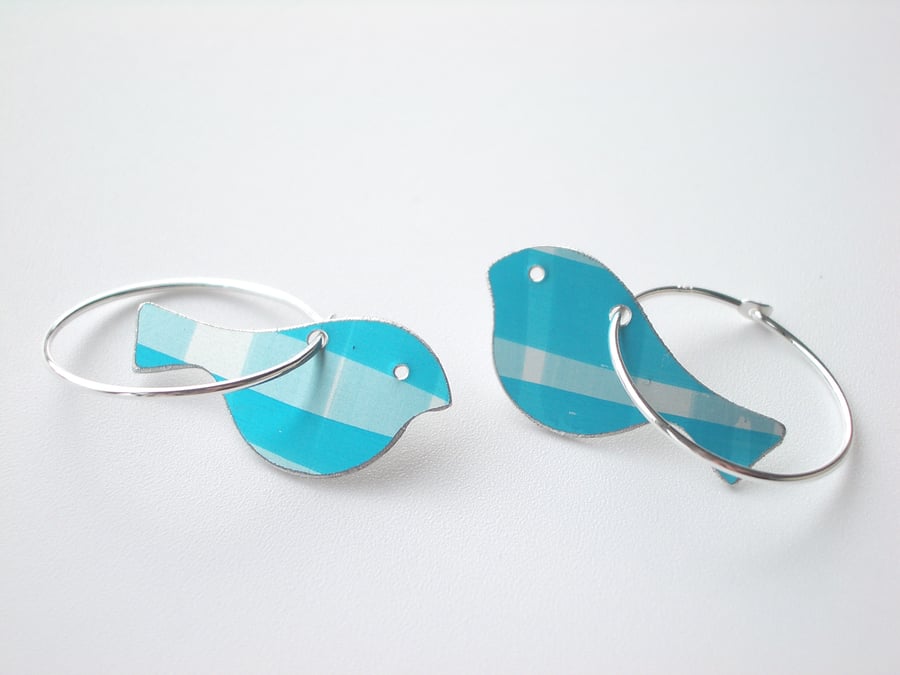 Bird earrings in turquoise and light blue checks